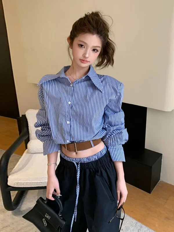 

Модный комплект из полосатой рубашки с длинным рукавом и брюк с широкими штанинами для женщин, осень 2025, новинка, элегантный наряд с цветовыми блоками