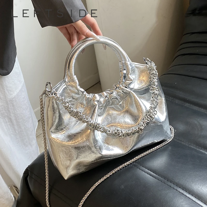 LEFTSIDE Small Silver Round Handle PU Leather Crossbody Bags for Women 2024 Y2K Ladies Chain Shoulder Bag Females Handbags