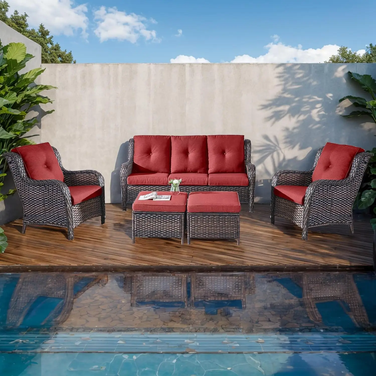 Outdoor Patio Wicker Furniture Set 5 Piece Rattan Patio Conversation Sectional Sofa Set with 1 Couch 2 Armchairs 2 Ottomans