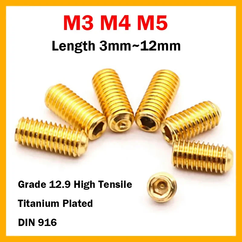 M3 M4 M5 Grub Screws Cup Point Allen Hex Socket Set Screw - Gold Titanium Plated  DIN 916 Length 3mm~12mm