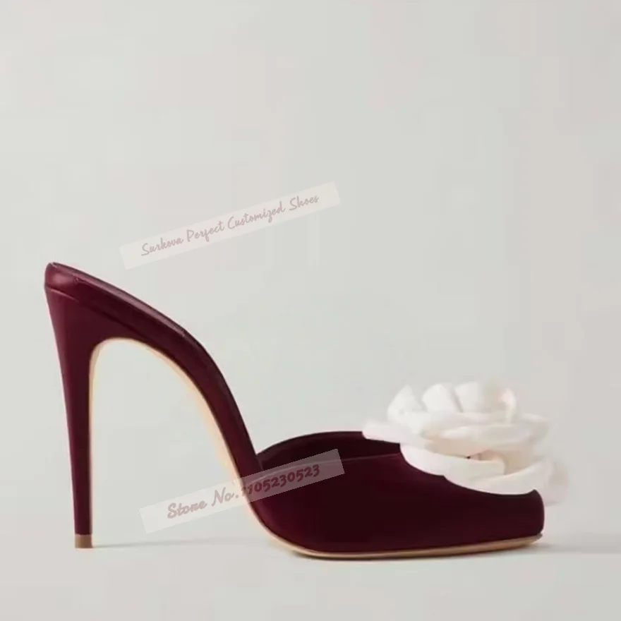 

Женские туфли-мюли на высоком каблуке с крупным цветочным узором, розовые, на шпильке цвета винного красного, современные уличные тапочки, элегантные туфли-слипоны для торжественных случаев