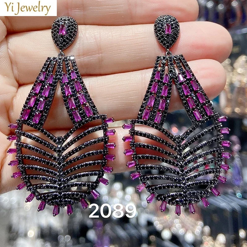 Luxury Earrings for Women Trendy Zircon Purple Flower Water Drop Dangling Earrings Wedding Bride Jewelry Gift Female