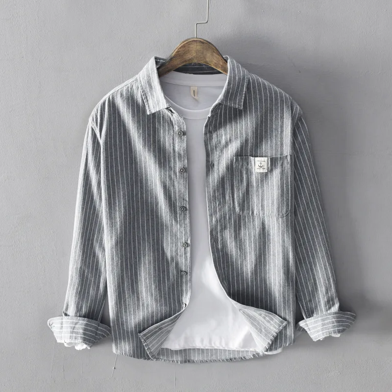 2026 Spring New Long Sleeve Men's Shirt Loose Man Business Casual Shirts Classic Striped Male Social Shirts Japan Streetwear