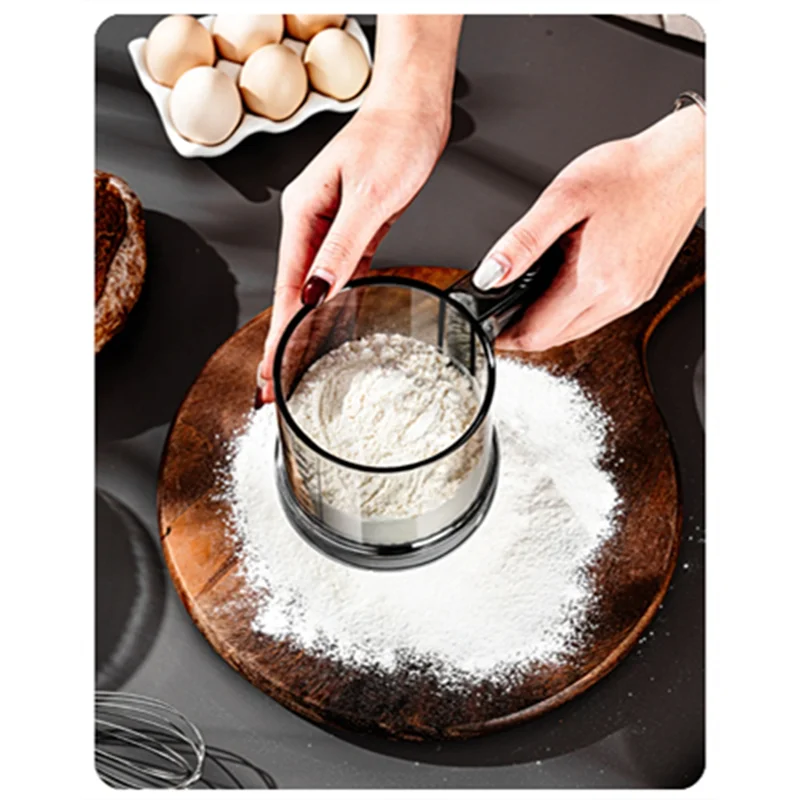 AT43-Cup-Shaped For Baking Strainer, Semi-Automatic Hand Press Flour Sifter, Plastic Sieve For Powdered Sugar