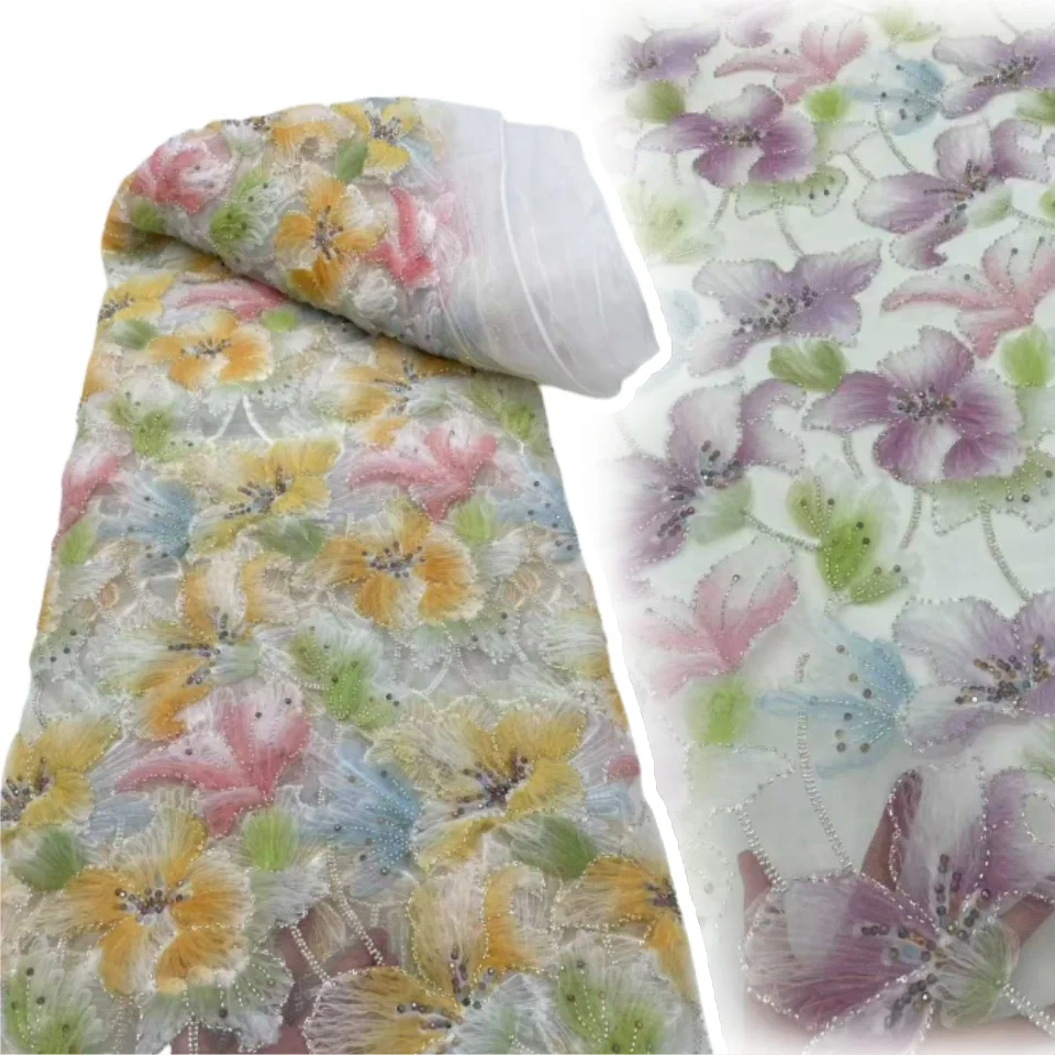 

Luxury African 3D Sequins Beaded Lace Fabric High Quality 2025 French Style 5 Yards Nigerian Lace for Party Wear TP1111