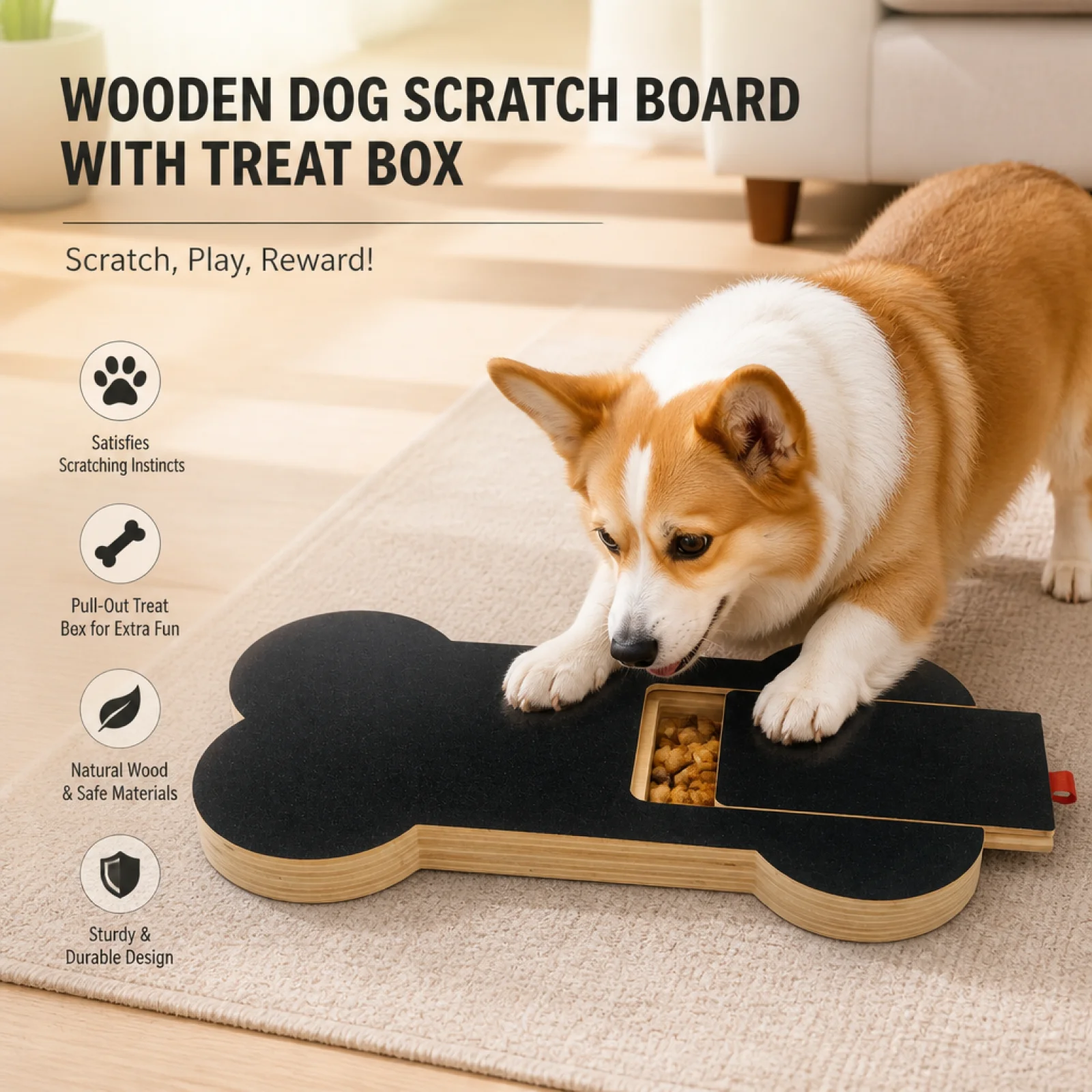Dog Scratching Board with Compartment Bone-Shaped Dog Nail File Board Wooden Grooming Tool for Dogs, Puppies, Home, Indoor