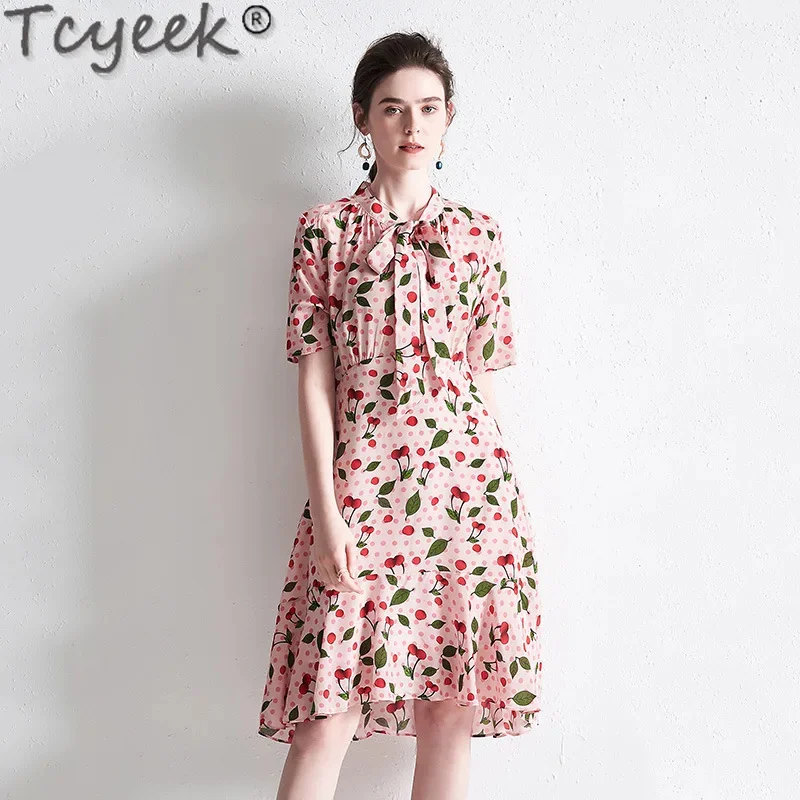 100% Tcyeek Mulberry Real Silk for Women Spring Summer Clothes Lace-up Elegant and Pretty Women's Dresses Short Sleeve