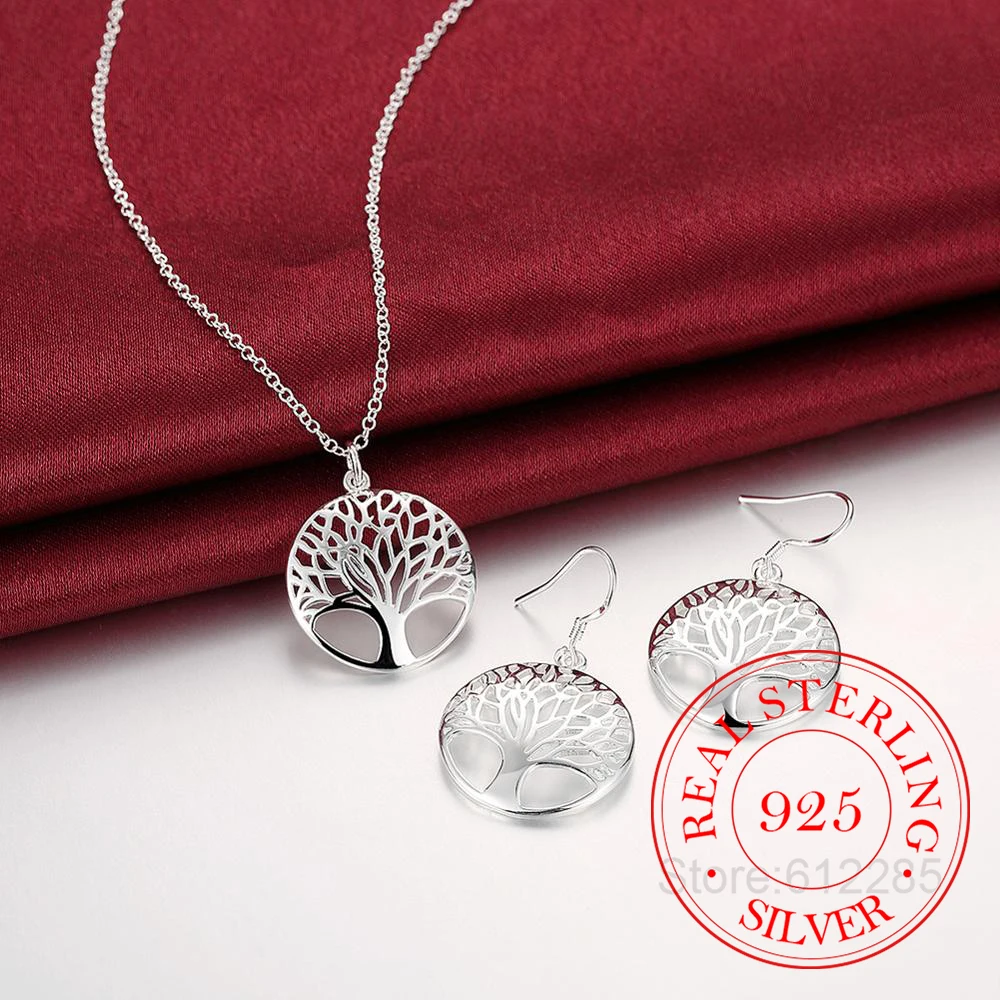 Wisdom Tree Necklace Earring Set 925 Sterling Silver Tree of Life Pendant Necklace and Earrings Christmas Gifts 2pcs Jewelry Set