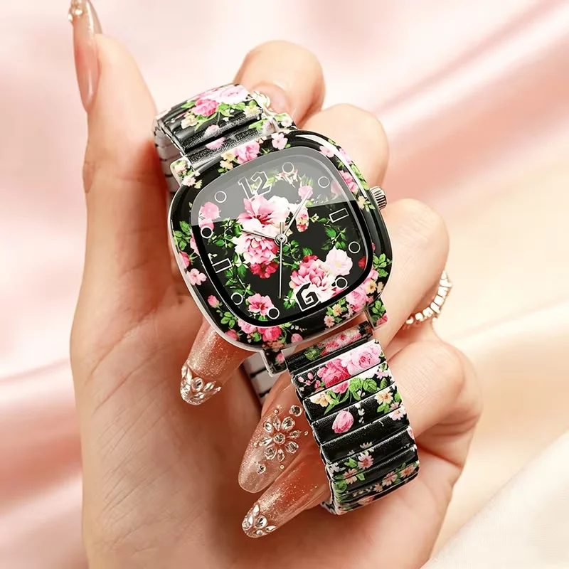 Women's floral printed square quartz watch Elastic adjustable strap retro floral wristwatch Gift for girlfriend