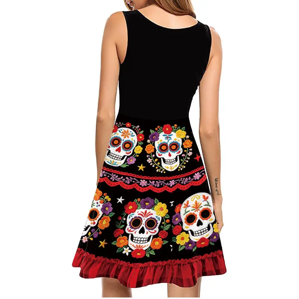 Damenkleid mit Zuckerblumen- und Totenkopfdruck, ärmelloses Sommerkostüm, mexikanische Kleidung zum Tag der Toten, Halloween-Festival, Kostüm – Detail 5
