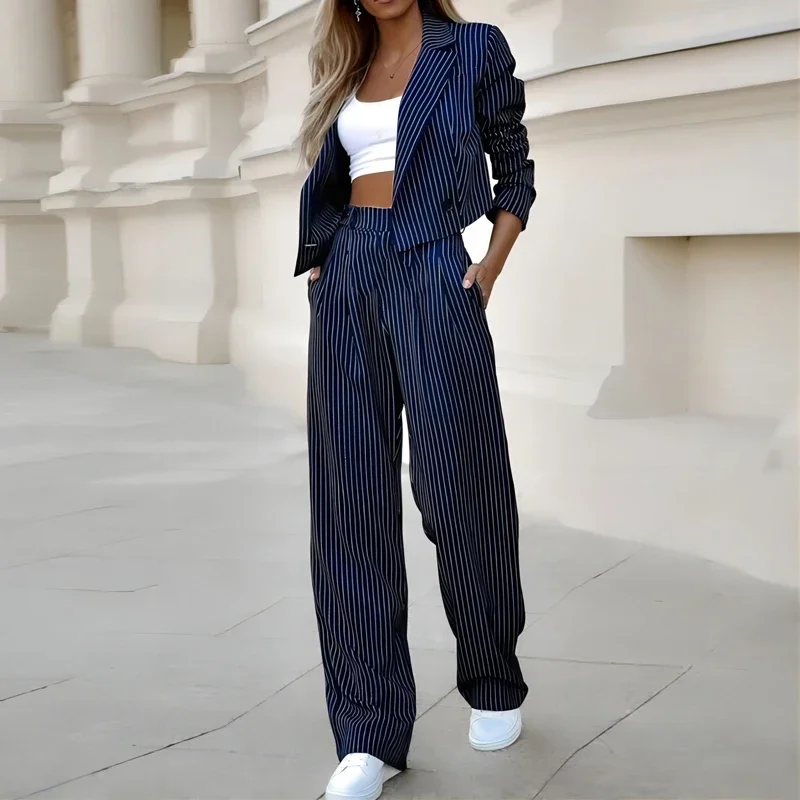 2023 Ladies Elegant Suit Fashion Striped Printed Lapel Short Jacket Straight Pants Two-piece Fall Ladies Casual Office Suit