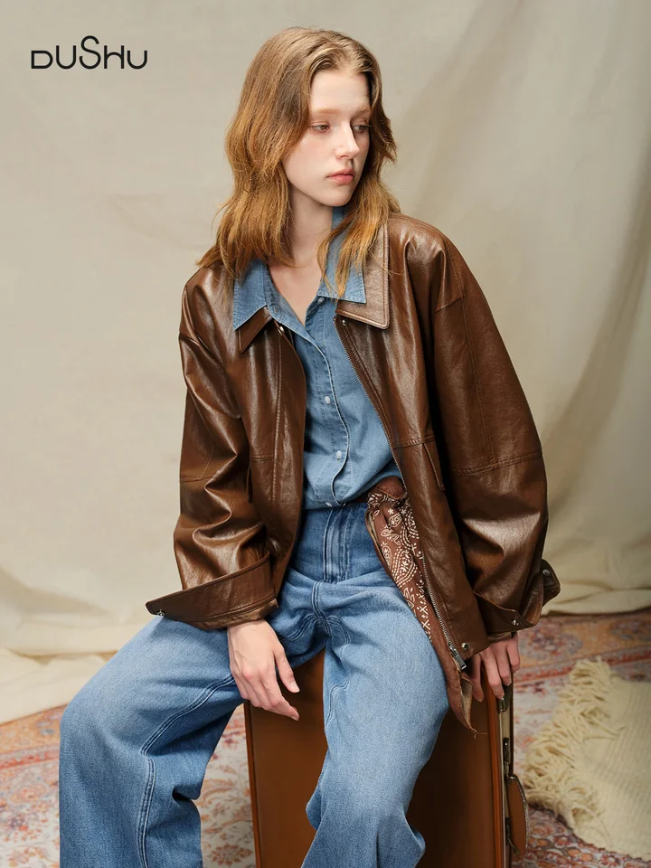 DUSHU Retro Edgy Vibe 2025 Women's Two-Tone Faux Leather Jacket