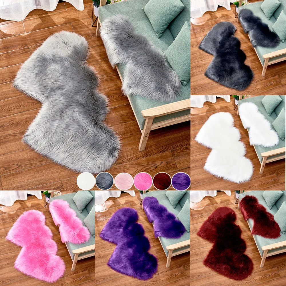 Alfombras de piel sintética con forma de corazón doble, alfombras de suelo de piel de oveja, alfombras peludas suaves y esponjosas, alfombras para mesita de noche, decoración para sala de estar
