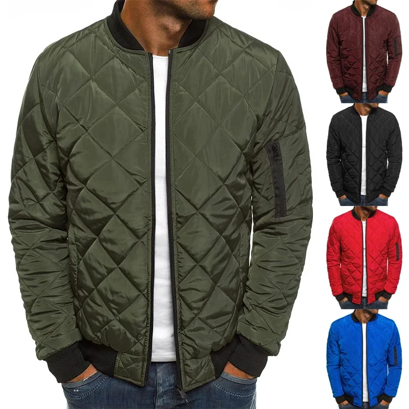 

Men's Solid Color Jacket Cotton Jacket Rhombic Lattice Seam Yan Thickened Stand Collar Cotton Jacket Winter Warm Cotton Jacket