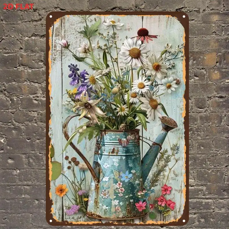 2D Flat, 1pc, Rustic Watering Can Flower Arrangementmetal Iron Sign, Pre-Drilled Holes, Suitable for Indoor, Garden, Outdoor,
