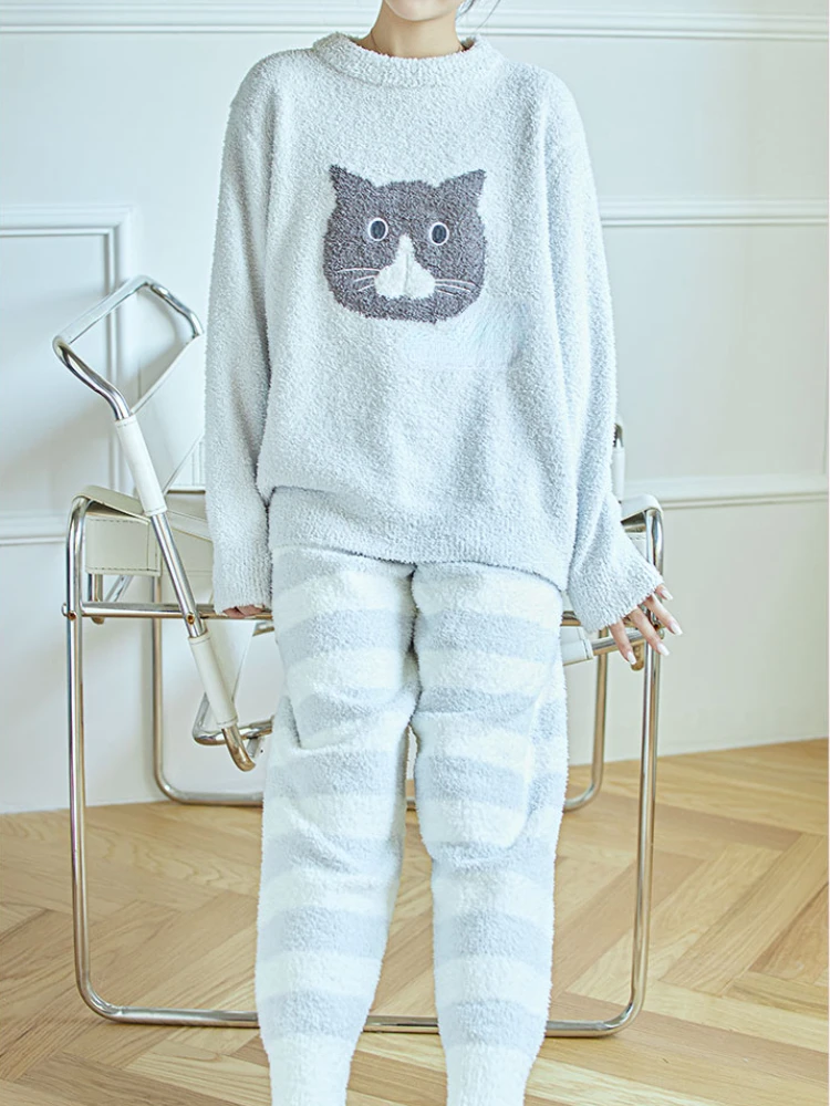 Japanese Fall Winter Warm Pajama Sets Cute Cat O-neck Pullover Tops + Loose Striped Tousers Sleepwear Women Casual Homewear Suit