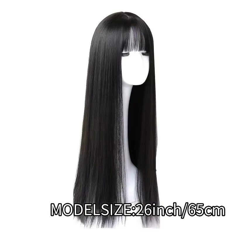 Peruca sintética de cabelo longo e reto preto para festa de Halloween peruca cosplay para uso diário, peruca acessório de cabelo de alta temperatura
