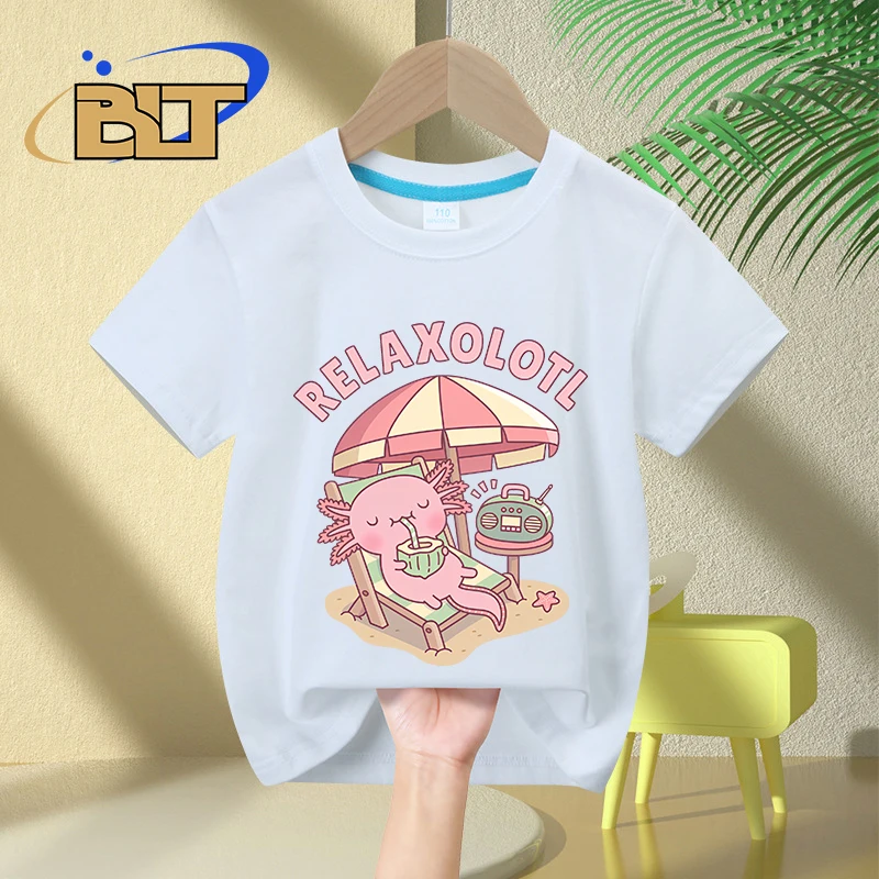 Leuke Axolotl Relax Een Heleboel Kidst-Shirt Zomer Puur Katoenen Korte Mouwen Casual Tops Voor Jongens En Meisjes