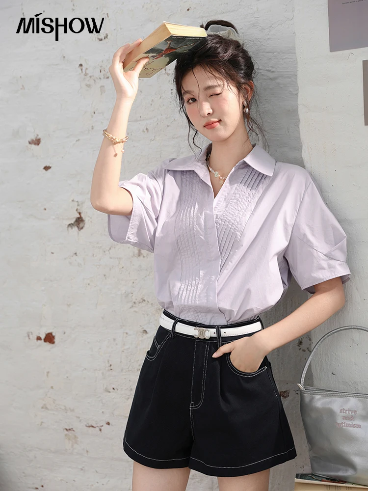 

MISHOW Women's French Commuter Shirt 2024 Summer Polo Collar V Neck Pleats Tops Solid Casual Short Sleeve Shirts MXD27C0264