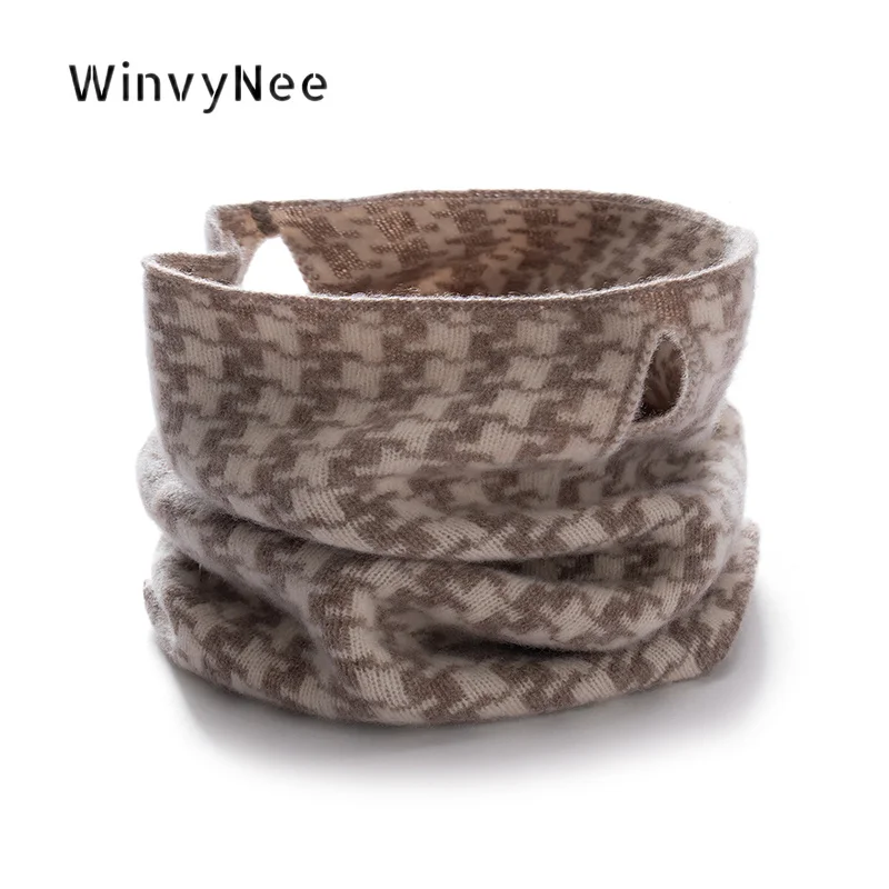 WinvyNee Women 100% Wool Houndstooth Ear Loop Neck Gaiter Knit Snood Cozy Heat Retain Windproof Soft Autumn Winter Wrap G1883017