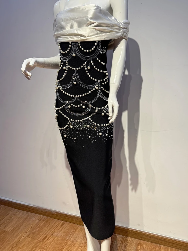 Women's Strapless Black and White Pearl Embellished Midi Dress Satin Bust Evening Gown for Cocktail Formal Events