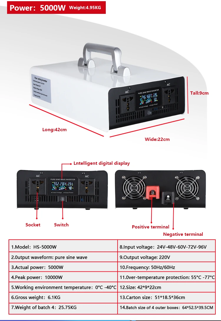 High-end 5000W Single Phase Pure Sine Wave Inverter Power Supply 24V-96V DC to AC 110V/220V for Home Solar Charging