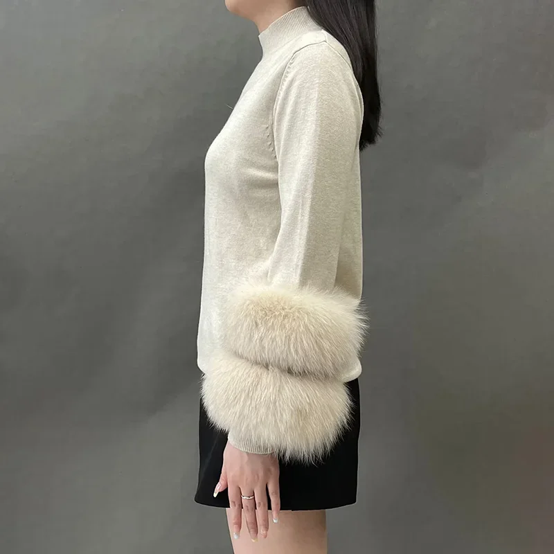 Lady autumn winter sweater fox fur cuff fashion pullover women knitted sweater detachable sleeve s5573