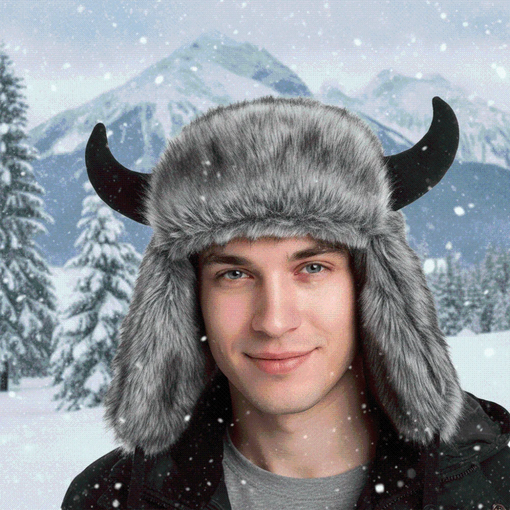 Mink Texture Faux Fur Hat Windproof Fabric Adjustable Strap Ear Flap Headwear Unisex Style Solid Pattern Bull Horns Bonnet