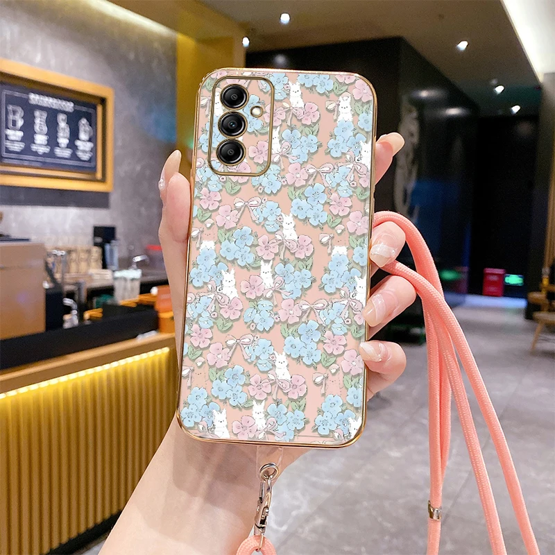 M 15 Blue Flower Luxury Plating Phone Case For Samsung M15 M53 M14 M51 M54 M31 M42 M52 M55 Note 20Ultra 20 10Plus 20Plus Cover