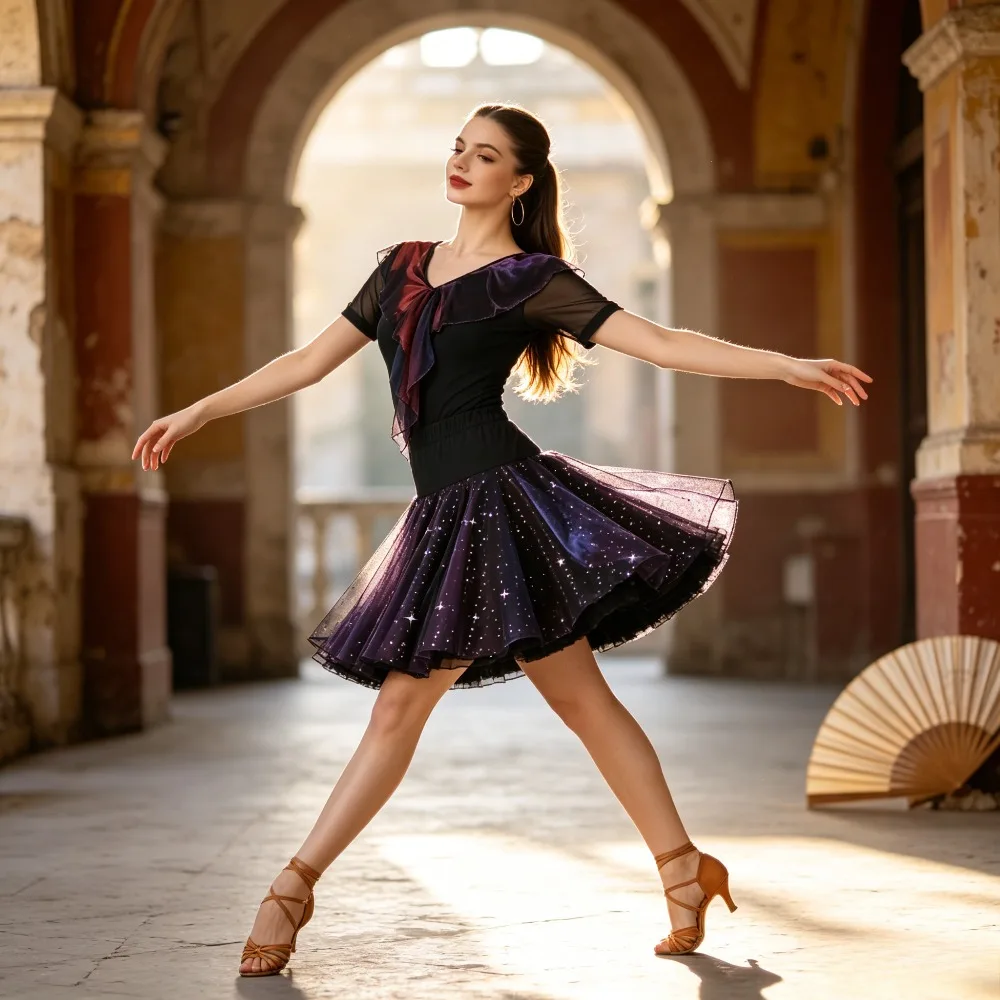 Sparkling Sequins Latin Dance Dresses Competition Set,Flared Swing Skirt Ballroom Square Dance Outfit Latin Dance & Prom Dress