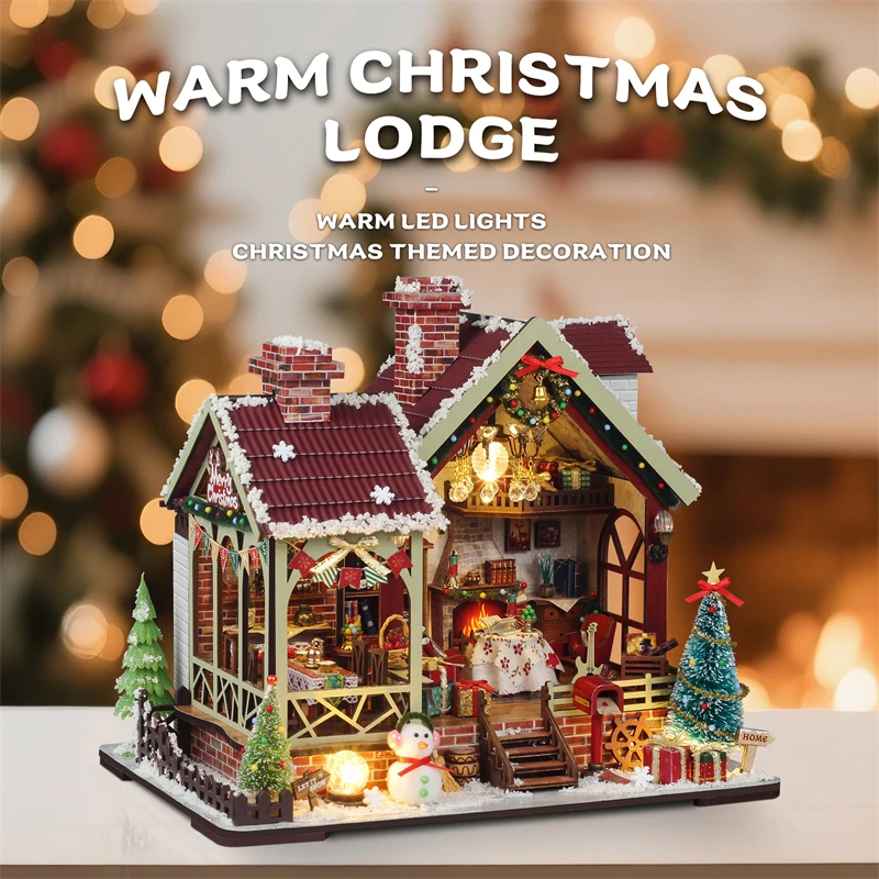 DIY Wooden Warm Christmas Lodge Casa Figurines Miniatures Assembled Houses With Lights for Friends Gifts Home Decor Crafts