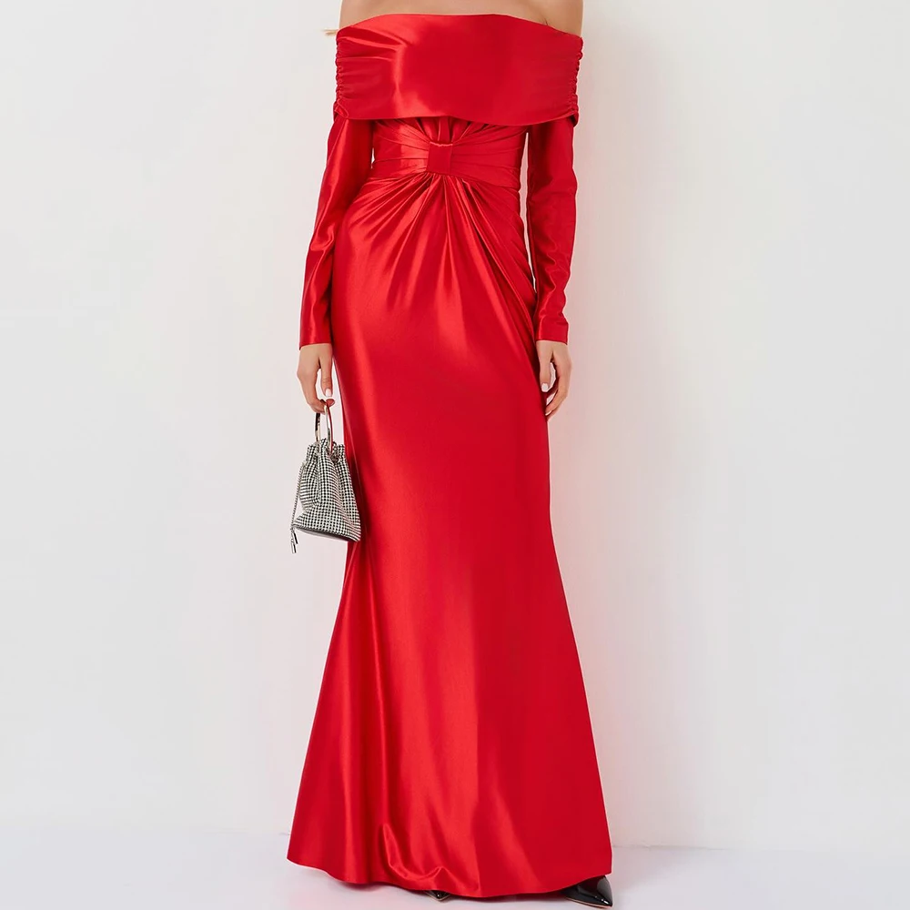 

Вечерние платья трапециевидной формы по индивидуальному заказу, длиной до щиколотки, с открытыми плечами, с длинными рукавами, платье для выпускного вечера, модное плиссированное простое драпированное вечернее платье