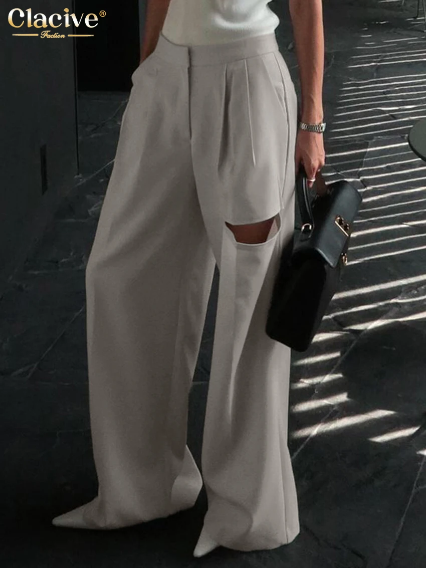 

Clacive Fashion Loose Gray Women's Pants 2025 Casual High Waist Wide Leg Pants Elegant Hollow Out Full Length Trousers Female