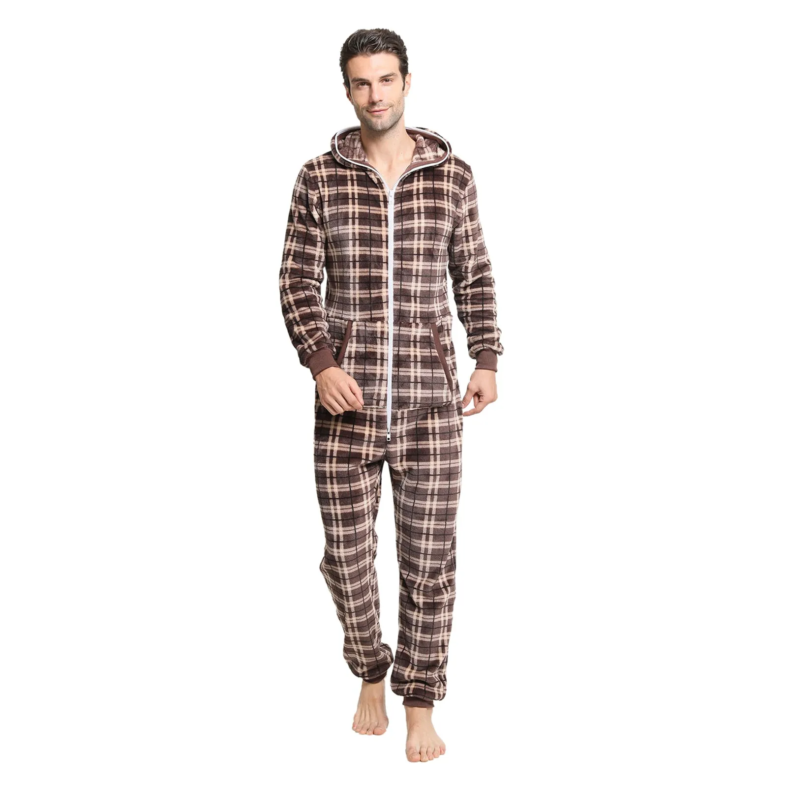 Autumn Winter Flannel Onesies Jumpsuit Male Hoodie Pajama Men Jumpsuits Vantage Hoodie Zipper Sleepwear Comfort Xmas Pajamas