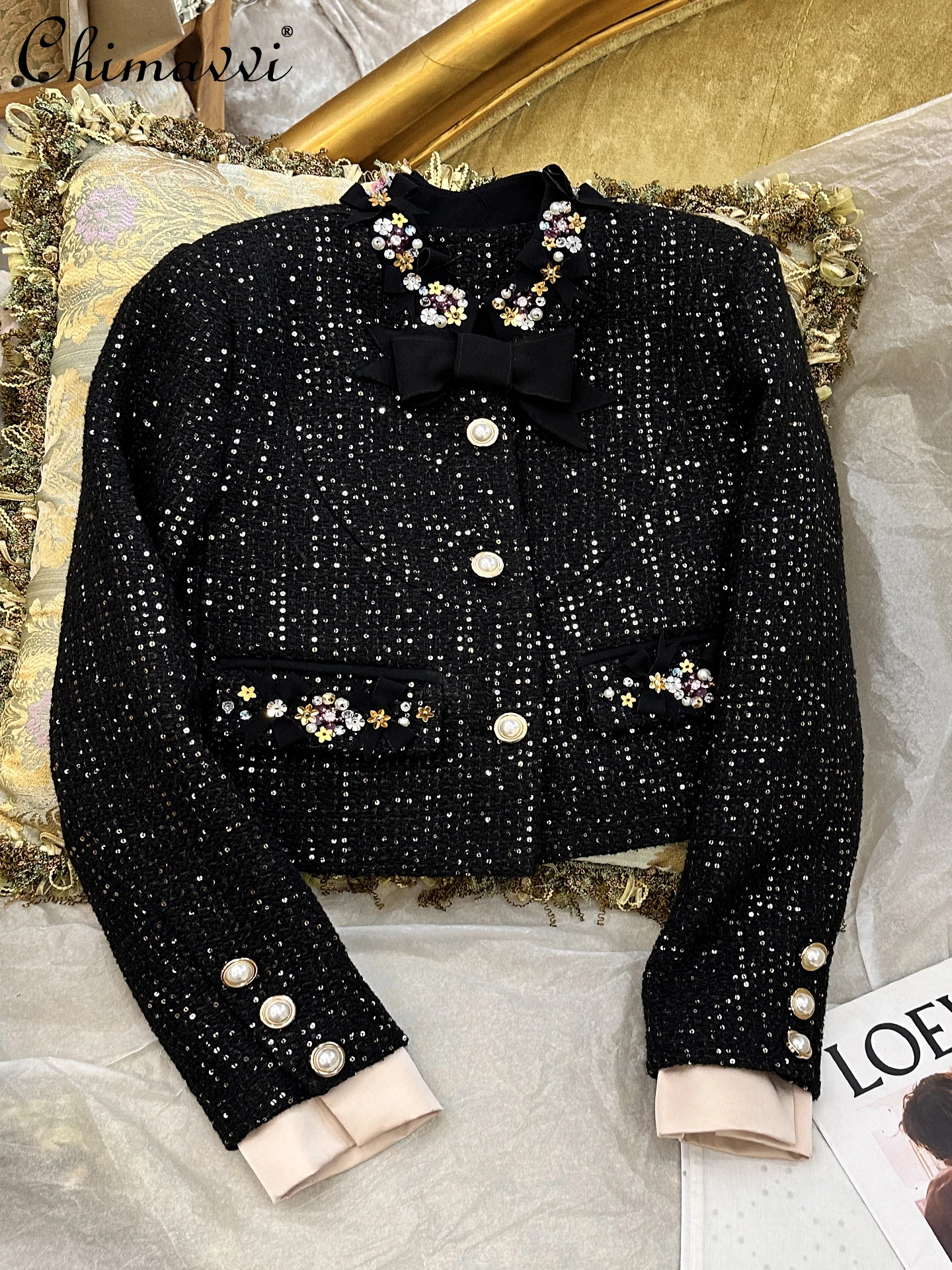 

2025 Autumn Winter New Heavy French Style Girl Black Bow Pearl Collar Coat High-end Fashion Slim Fit Elegant Jackets Women