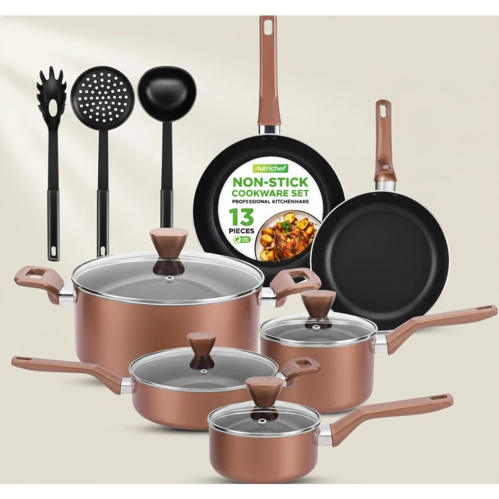 

Набор посуды с антипригарным покрытием, 13 предметов, без ПТФЭ/ПФА/ПФОС, готовые индукционные кухонные кастрюли и сковороды со стеклянными крышками