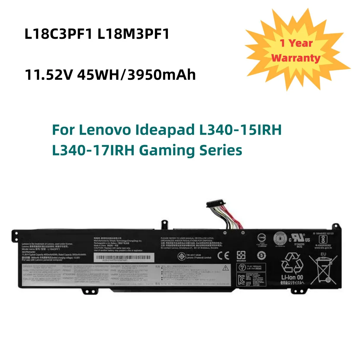 

L18C3PF1 L18M3PF1 Laptop Battery For Lenovo Ideapad L340-15IRH L340-17IRH Gaming Series 5B10T04975 11.52V 45WH