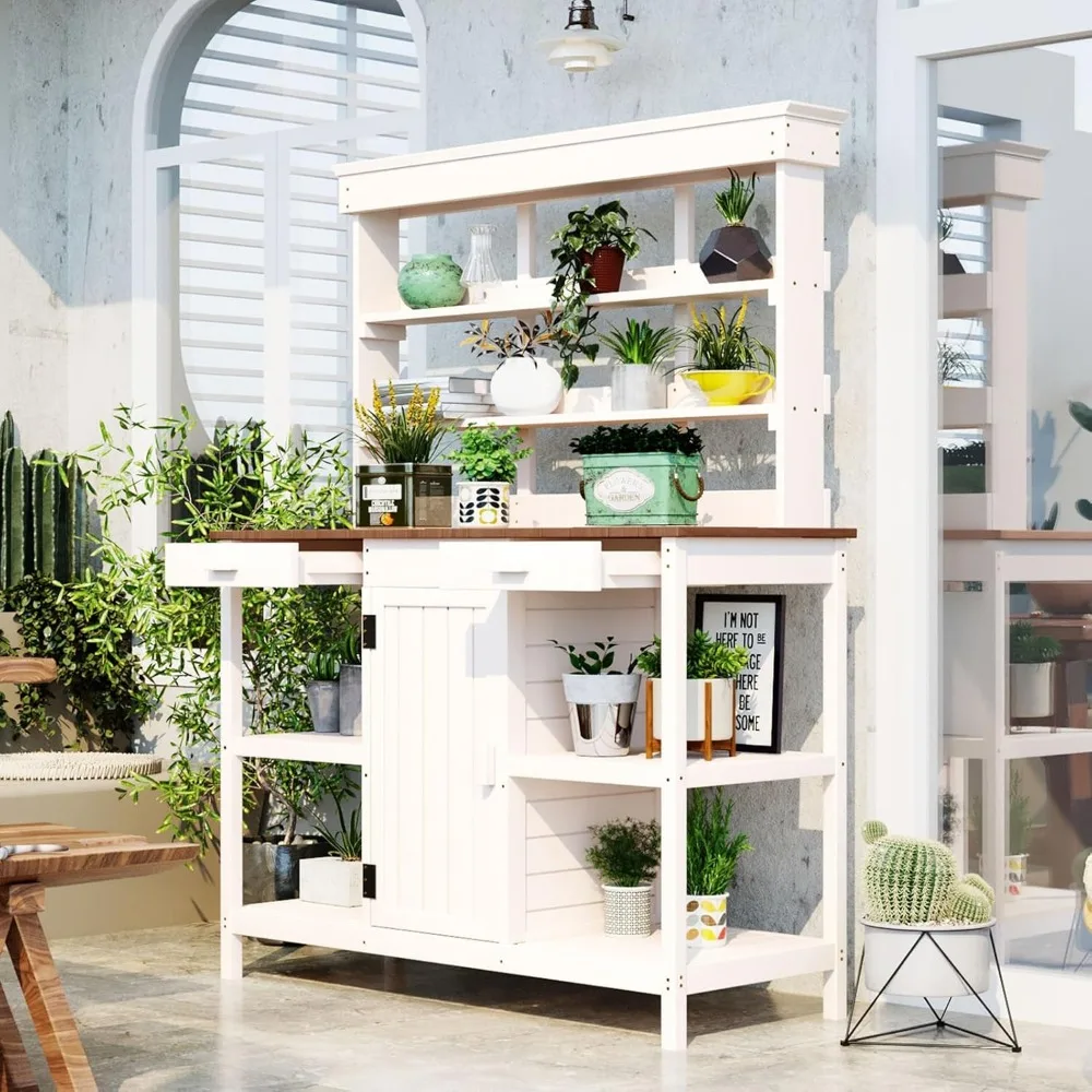

66" Large Outdoor Farmhouse Potting Bench with 2 Drawers, Heavy-Duty Fir Wood Garden Workbench with 4-Tier Storage & Cabinet, Po