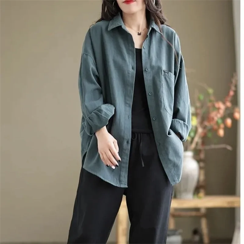 Solid Color Women Twill Cotton Shirt Jacket Large Size Female Long Sleeved Blouse Tops Coat Ladies Loose Fitting Cotton Blousees