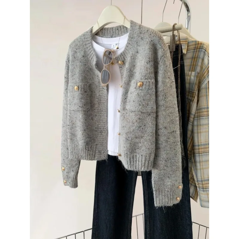 Korea Gold Buttons Grey Women Knit Cardigan Simple O-Neck Long Sleeve Sweater Coat Autumn Winter Office Lady Elegant Knitwear