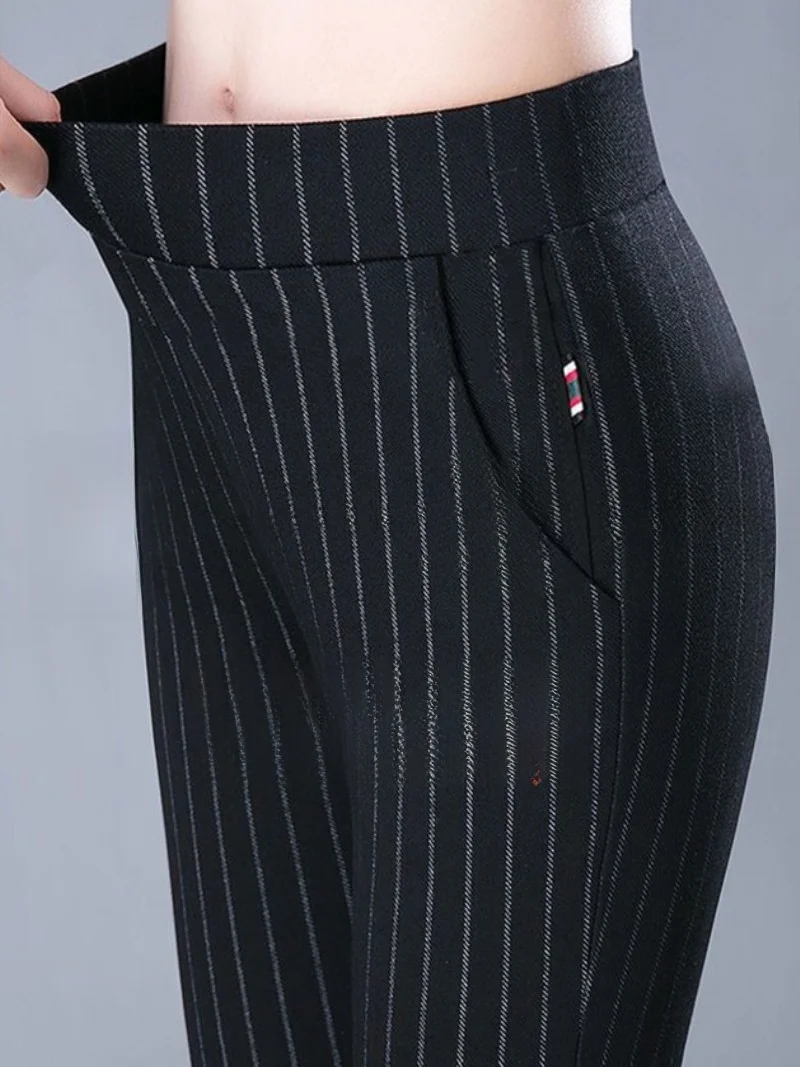 

Прямые брюки с высокой талией, женские повседневные брюки, весенне-летний наряд, эластичный дизайн в полоску, эффект похудения