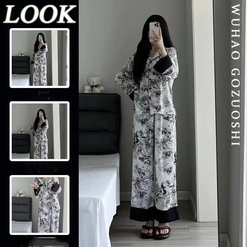 

Модный сексуальный комплект из двух предметов, брюки с длинными рукавами и лацканами, сладкий минималистичный модный пижамный комплект в западном стиле для отдыха, сексуальный пижамный комплект из двух предметов