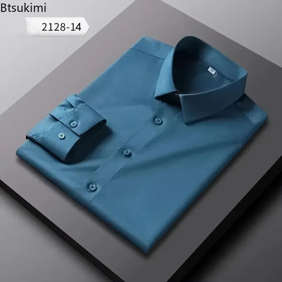 2025 camisas sociais masculinas de alta qualidade estiramento anti-rugas camisa de manga longa moda magro sólido negócios casual camisa social masculina