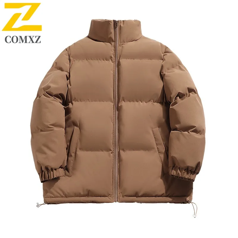 COMXZ 2025 Mens Winter Stand Collar Solid Color Fleece Lined Thick Warm Cotton Jacket Unisex Casual Coat Long sleeve windbreaker