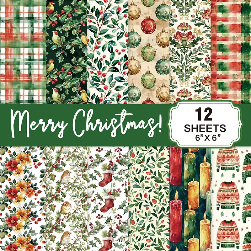 Christmas Scrapbook Paper Pad 12 Sheets 6x6 Glitter Confetti Snowflake Single-sided Prints Cardstock 160gsm Acid-free Decorative
