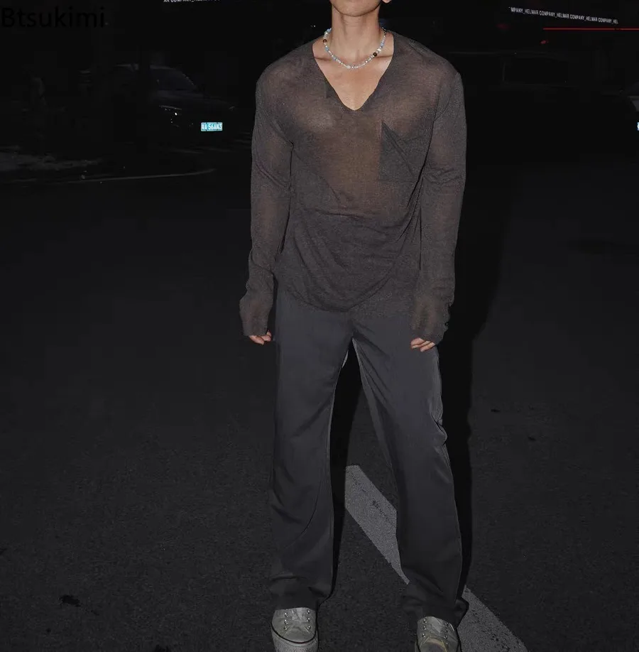 2026 New Men's Solid Color See-through V-neck Thin Tees Long Sleeved Loose Male Pullover Tops Spring Night Club Hollow Out Tops