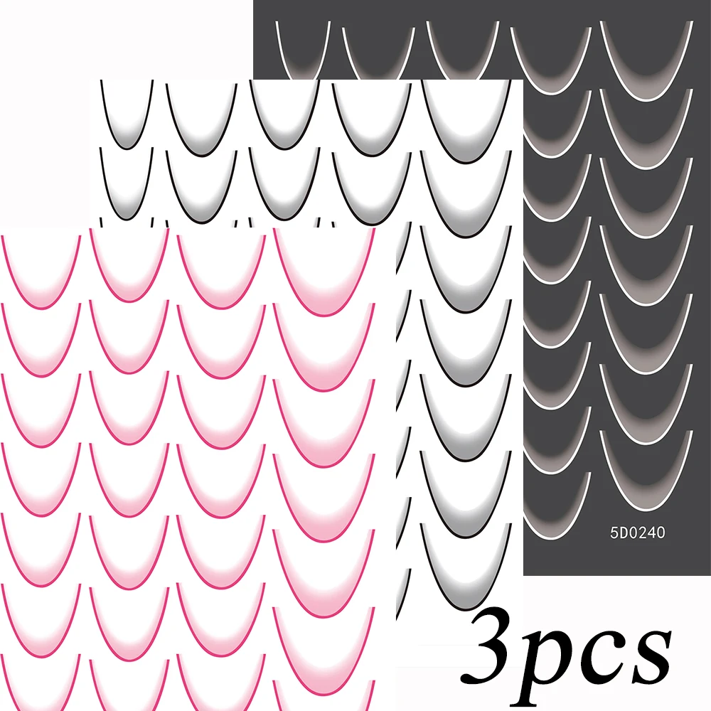 3pcs French Gradient Line Nail Art Stickers Black/White/pink Self-Adhesive Nail Slider Fashion DIY Stencil For  Manicure Guides