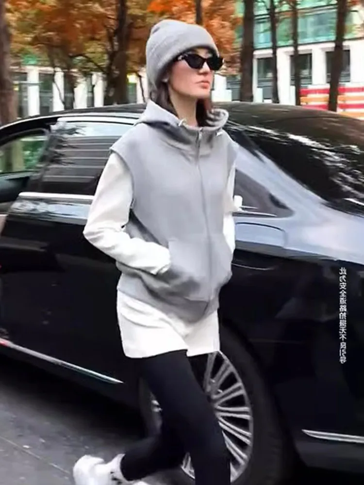 

Fall Season European Design Svel Hooded Vest Zipper Pure Color Anti-Aging Outerwear Ele oulder Pad Jaet