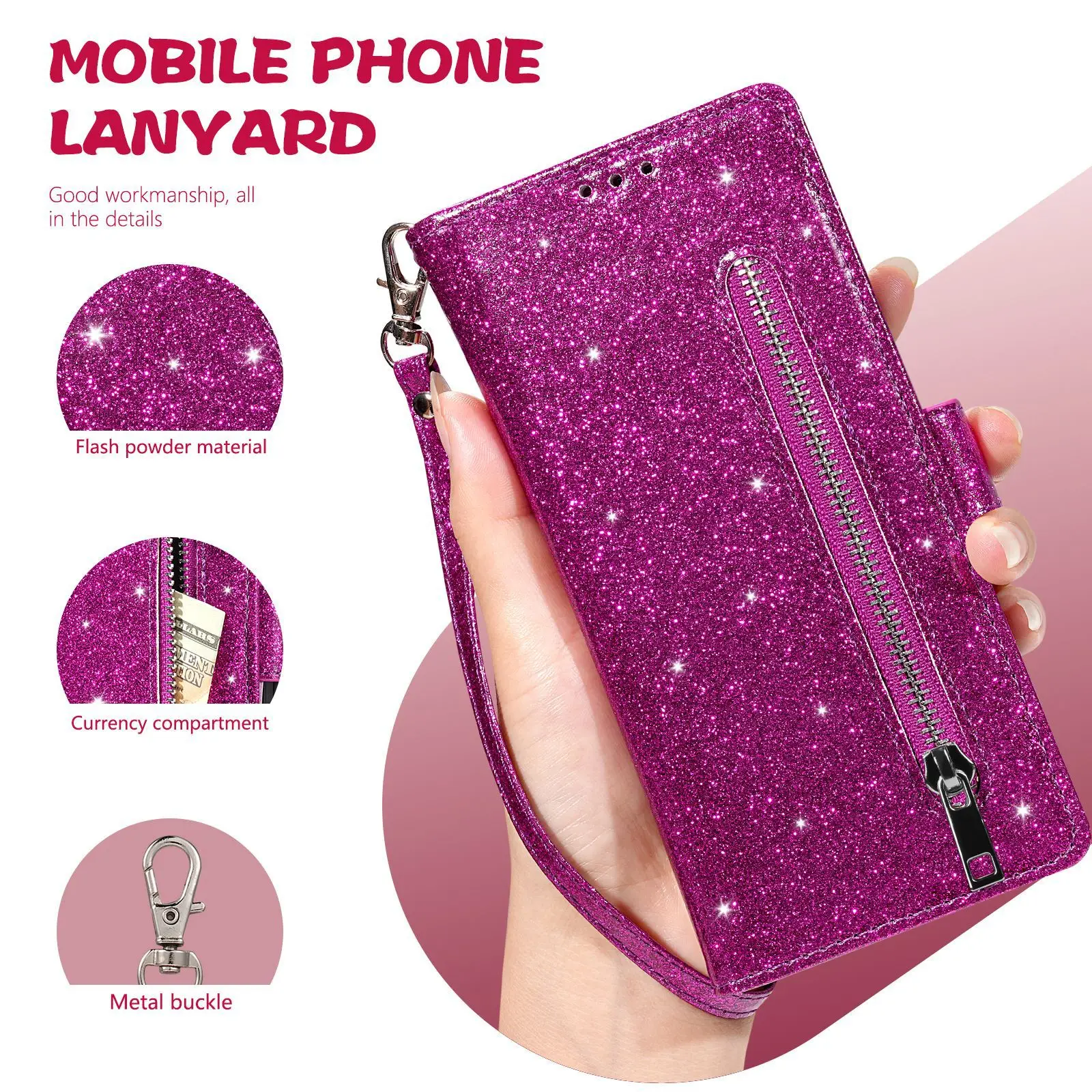 Suitable for Samsung ZFold8 phone case, foldable screen ZFold6, flash powder 5, zipper 4, flip cover 3, handbag wallet