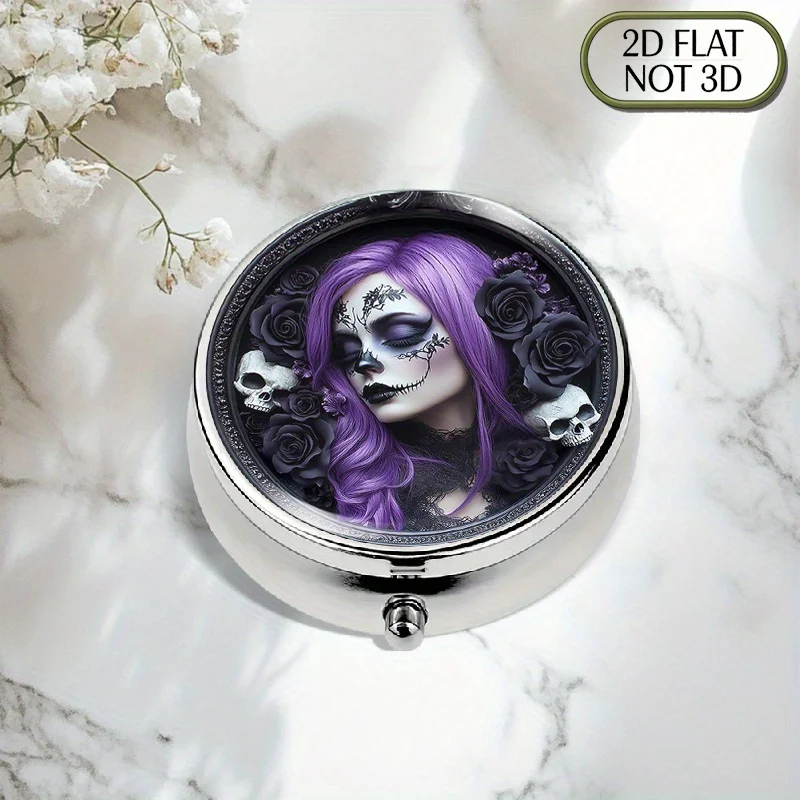 Single-piece flat portable round metal pill box, adorned with a pattern of an ethereal woman with purple hair and skull makeup, surrounded by black roses and violet flowers. It features an elegant storage design, suitable for multiple purposes such as organizing medication and storing vitamins. Flat design